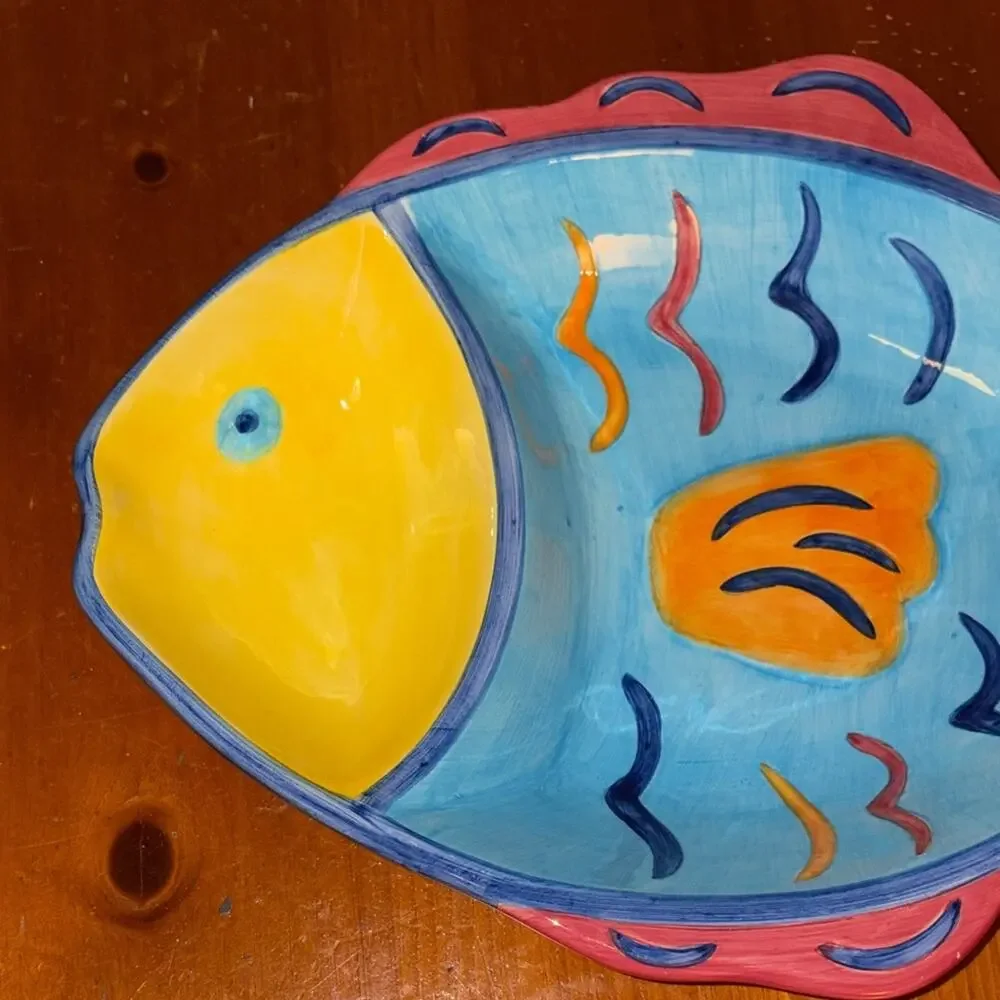 Hand-Painted Blue & Yellow Fish Serving Dish - Decorative Fish Accents
